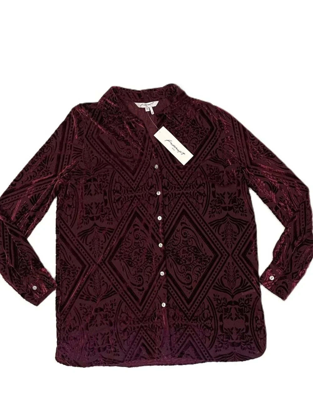 Foxcroft Top Sz 10 Burgundy Velvet Burnout Button Down Blouse Semi-Sheer Luxury